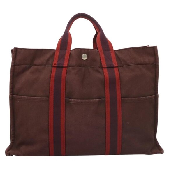 HERMES Fourre Tout MM Hand Bag Canvas Wine Red Silver Auth ti3100 - Picture 1 of 14